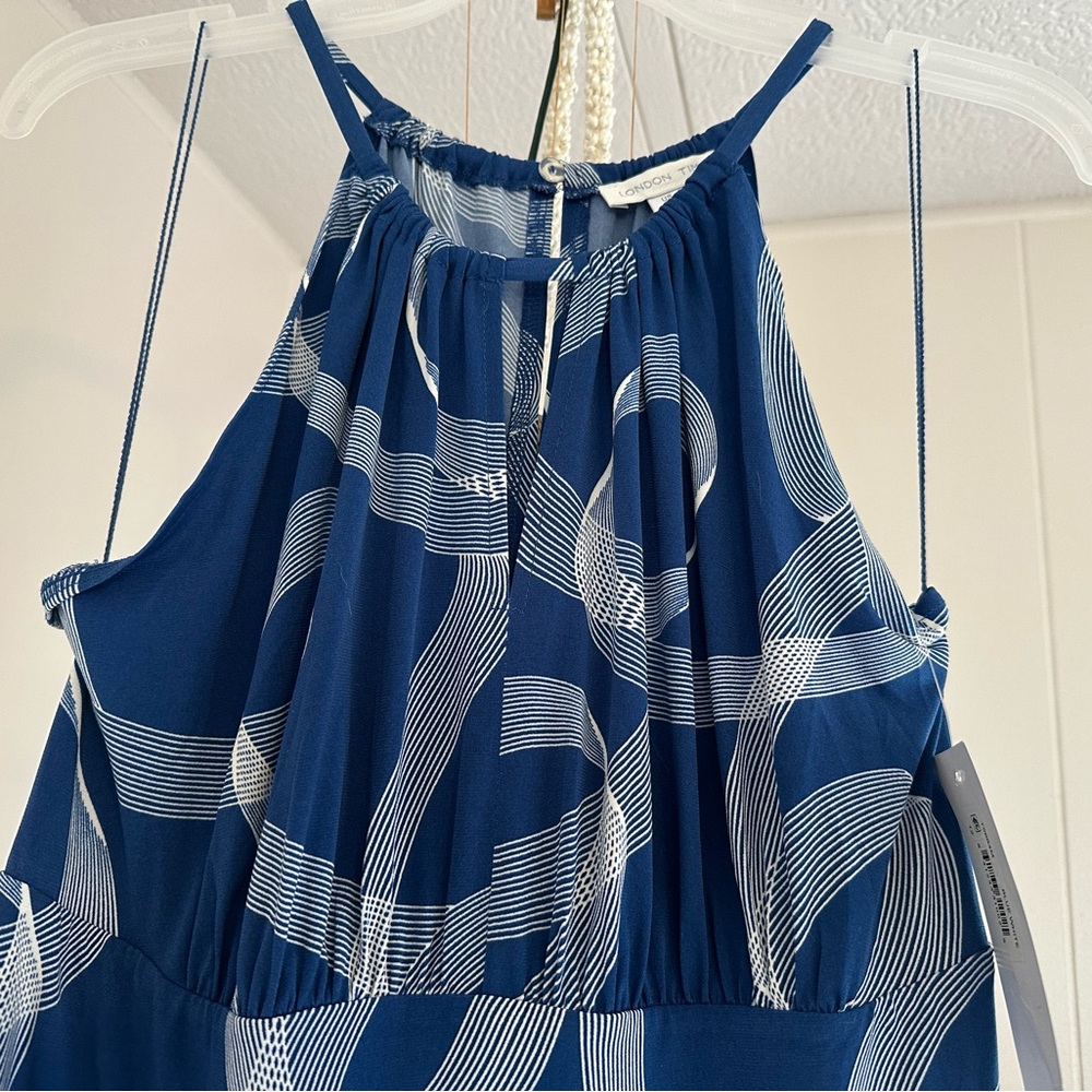 London Times Navy & White Halter Maxi with Abstract Wave Print